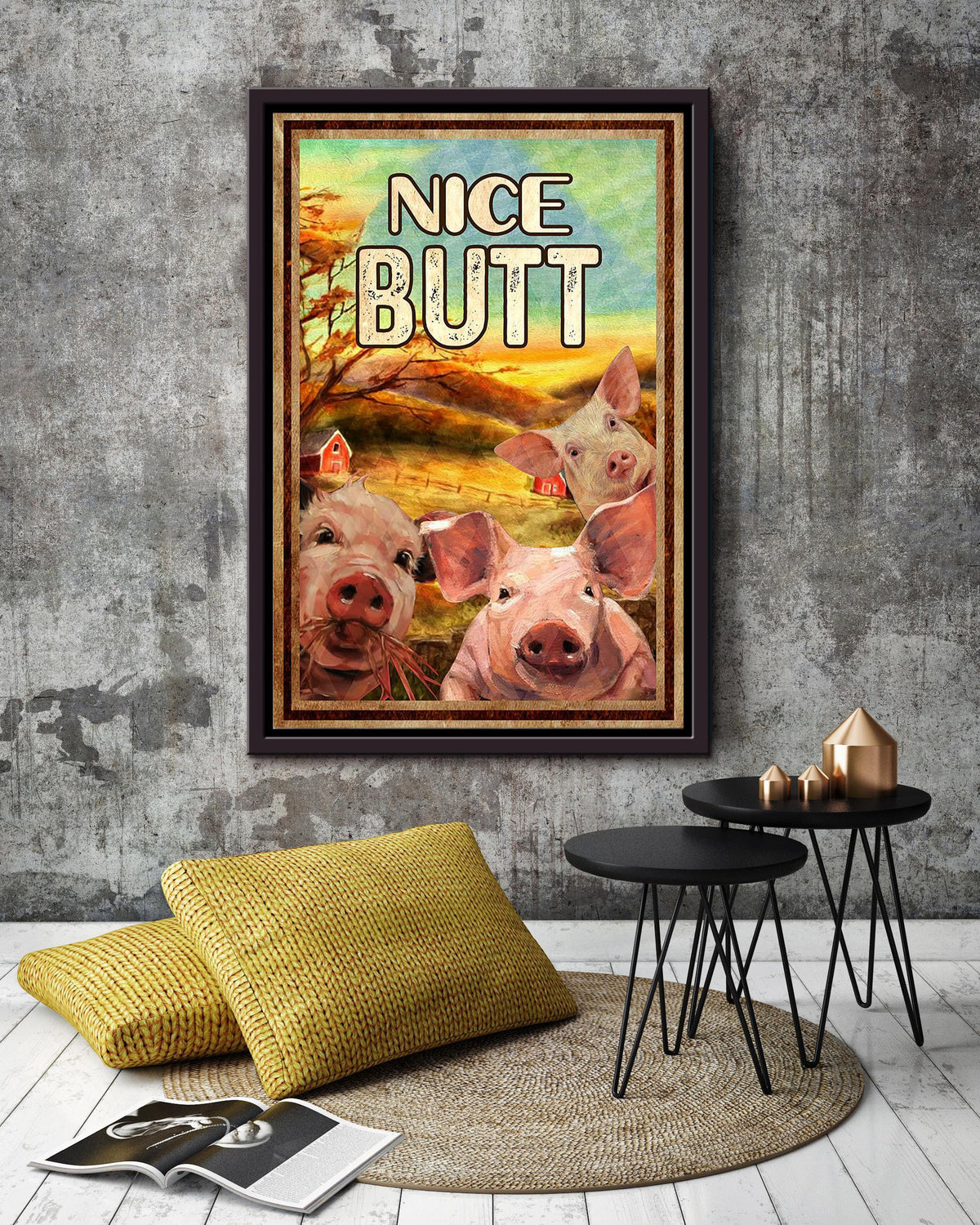 Funny Pigs Nice Bum Vintage Retro Gift For Farmer Framed Canvas