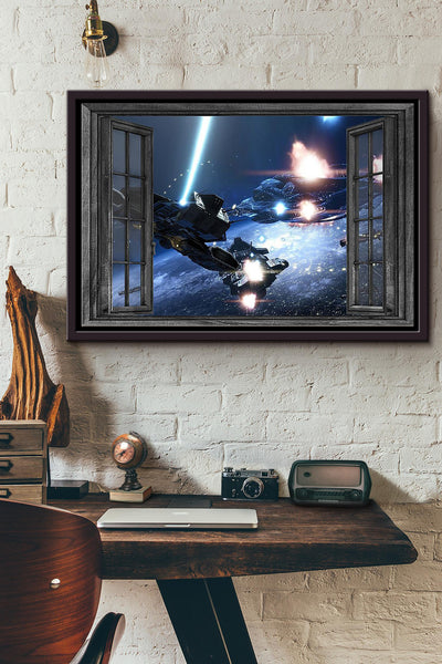 Window View Ufo And Spacecraft Space War Poster n Framed Matte Canvas