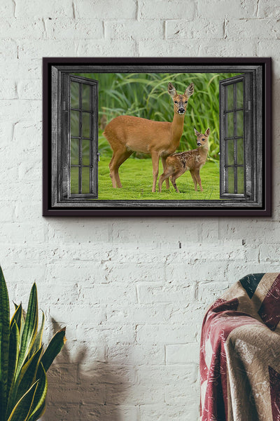 Wildlife Deer Green Grass Poster n Framed Matte Canvas