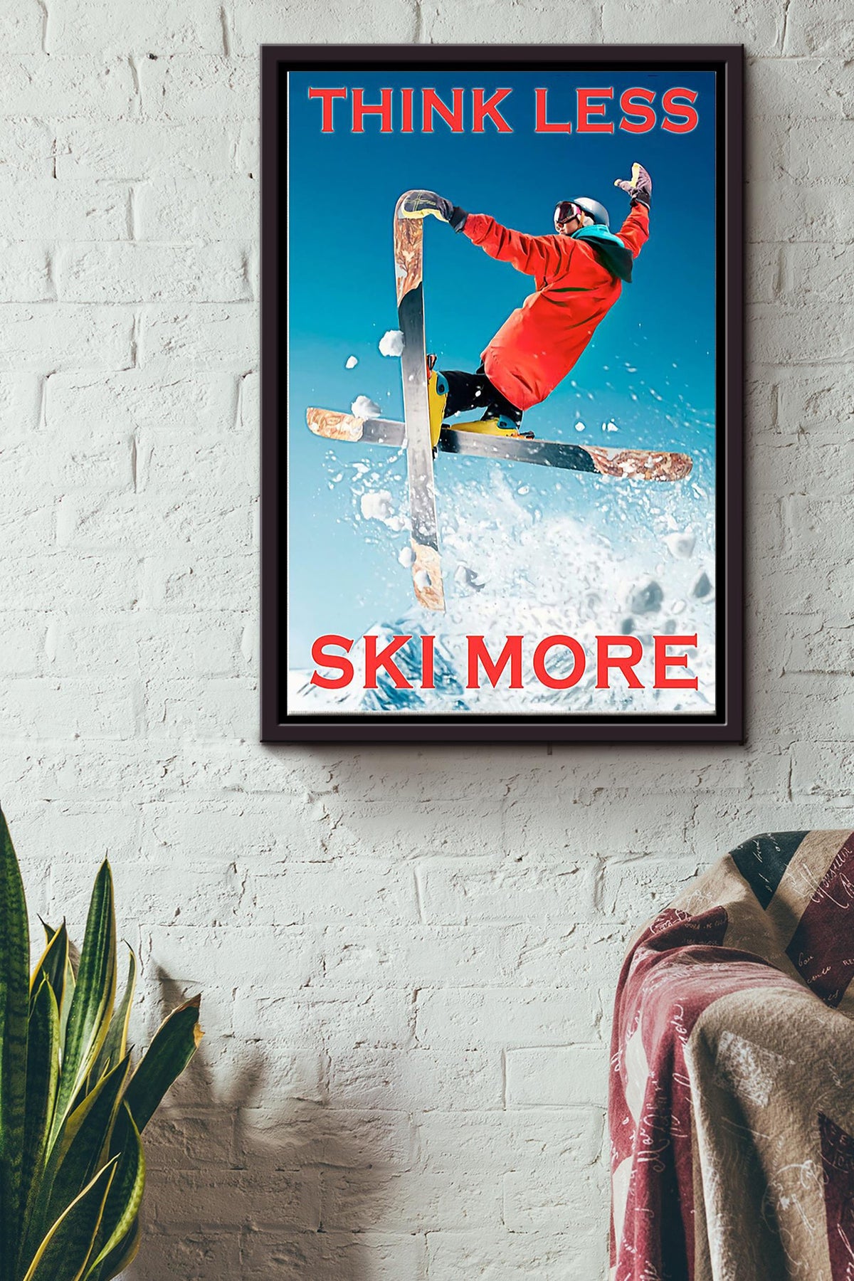 Think Less Ski More Skiing Poster Framed Matte Canvas