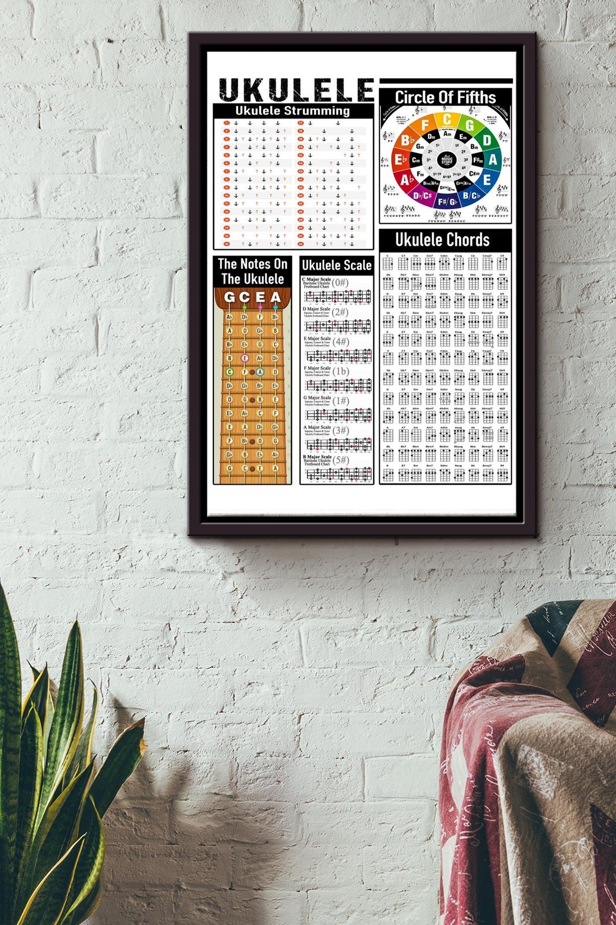 Ukulele strumming circle Of Fifths knowedgle poster Framed Matte Canvas
