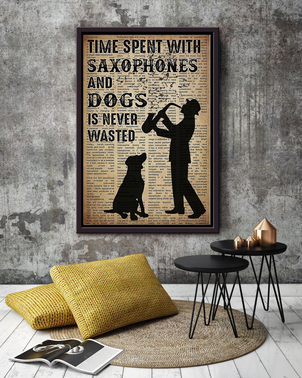 Time Spent With Saxophones And Dogs Is Never Wasted Wall Art For Dog Lover Saxophone Lover Housewarming Decor Framed Matte Canvas Framed Prints, Canvas