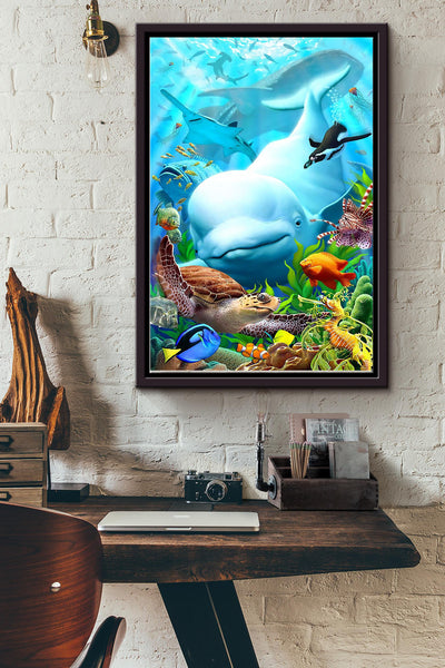Turtle Dolphin Fish Shark And Penguin Poster Framed Matte Canvas