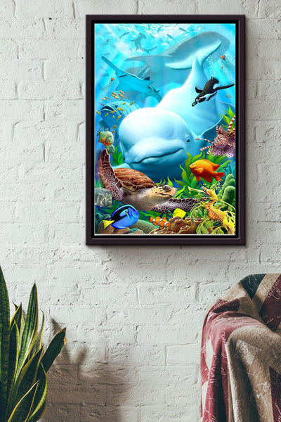 Turtle Dolphin Fish Shark And Penguin Poster Framed Matte Canvas