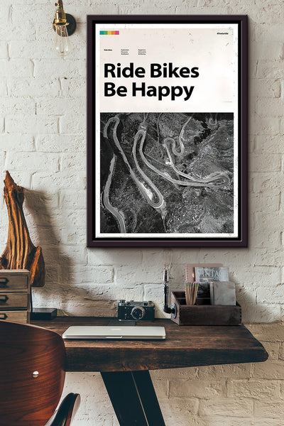 Ride Bikes Be Happy Cycling Poster Framed Matte Canvas