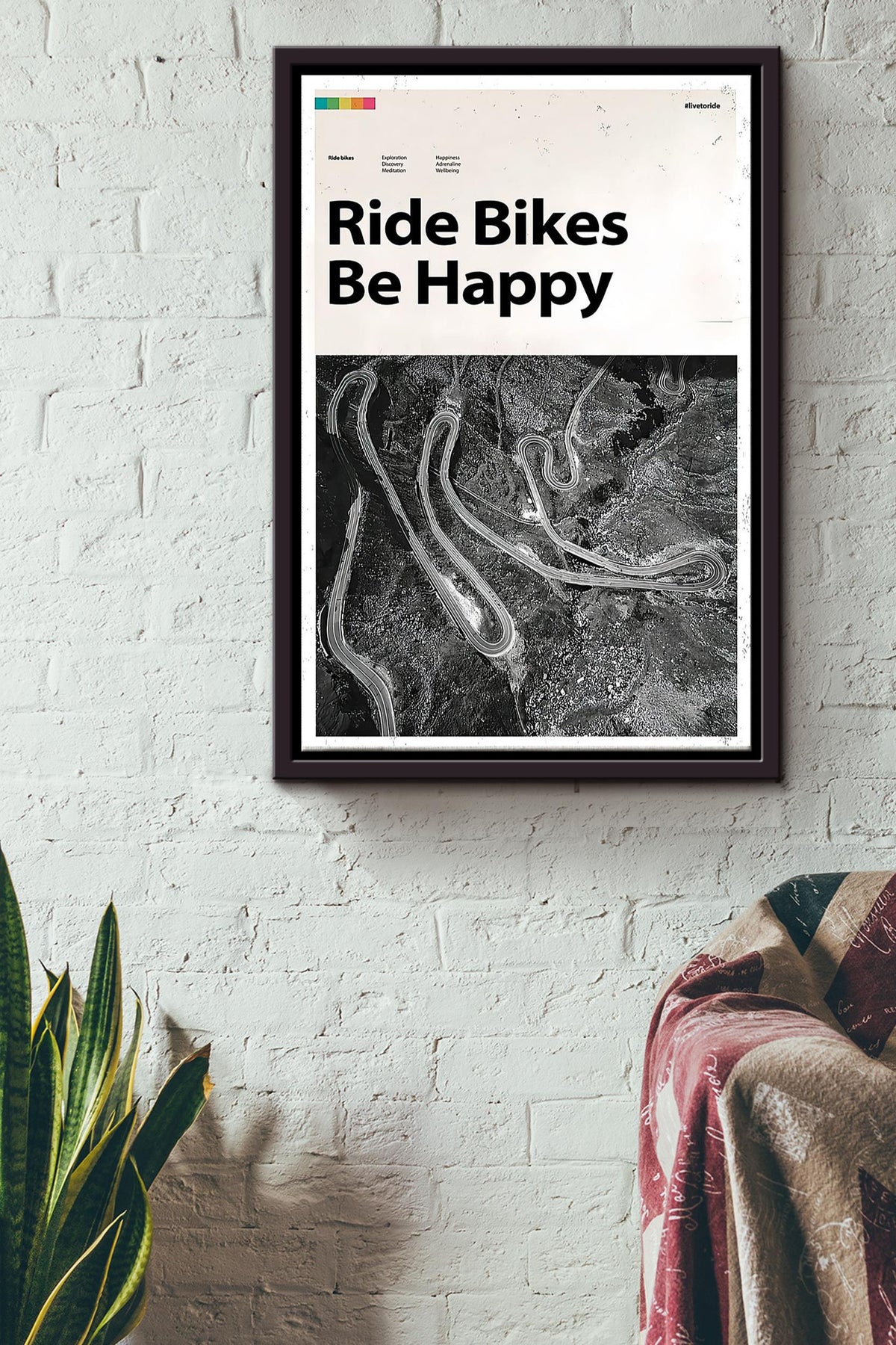 Ride Bikes Be Happy Cycling Poster Framed Matte Canvas