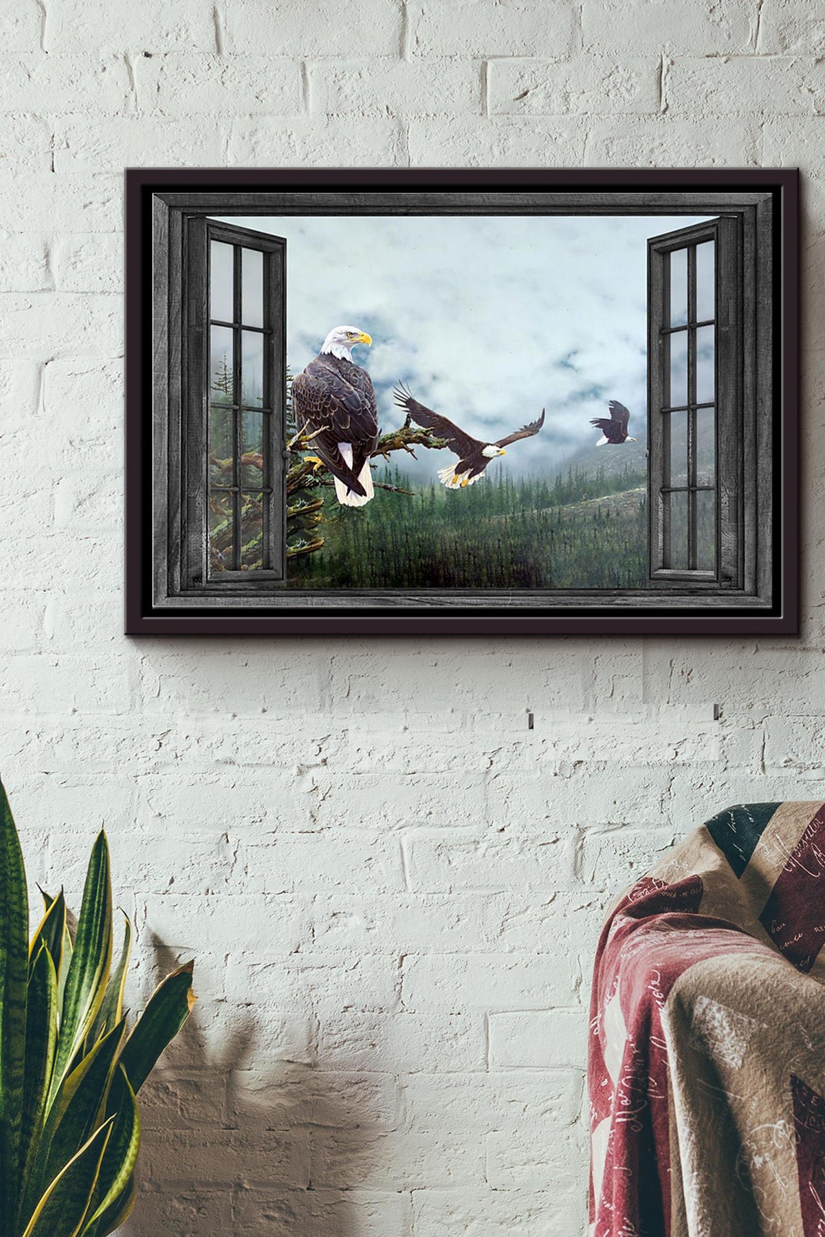 Window Flying Eagle In Spring Forest Poster n Framed Matte Canvas