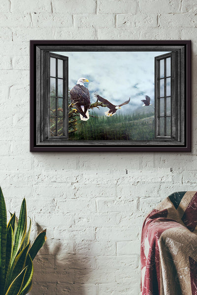 Window Flying Eagle In Spring Forest Poster n Framed Matte Canvas