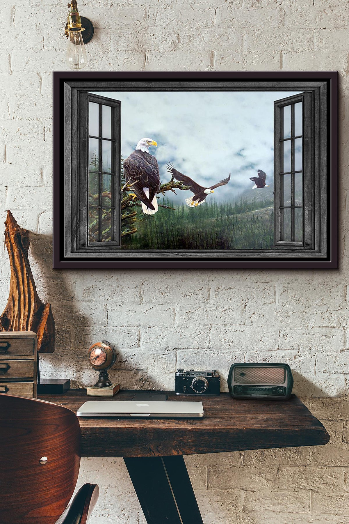Window Flying Eagle In Spring Forest Poster n Framed Matte Canvas