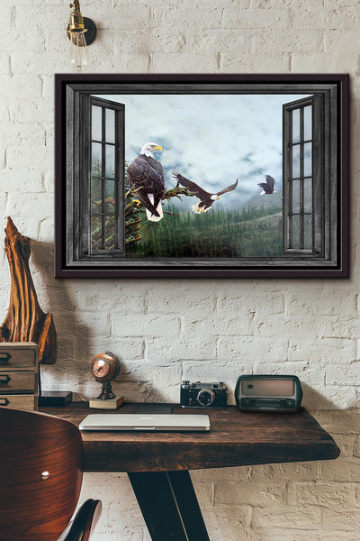 Window Flying Eagle In Spring Forest Poster n Framed Matte Canvas