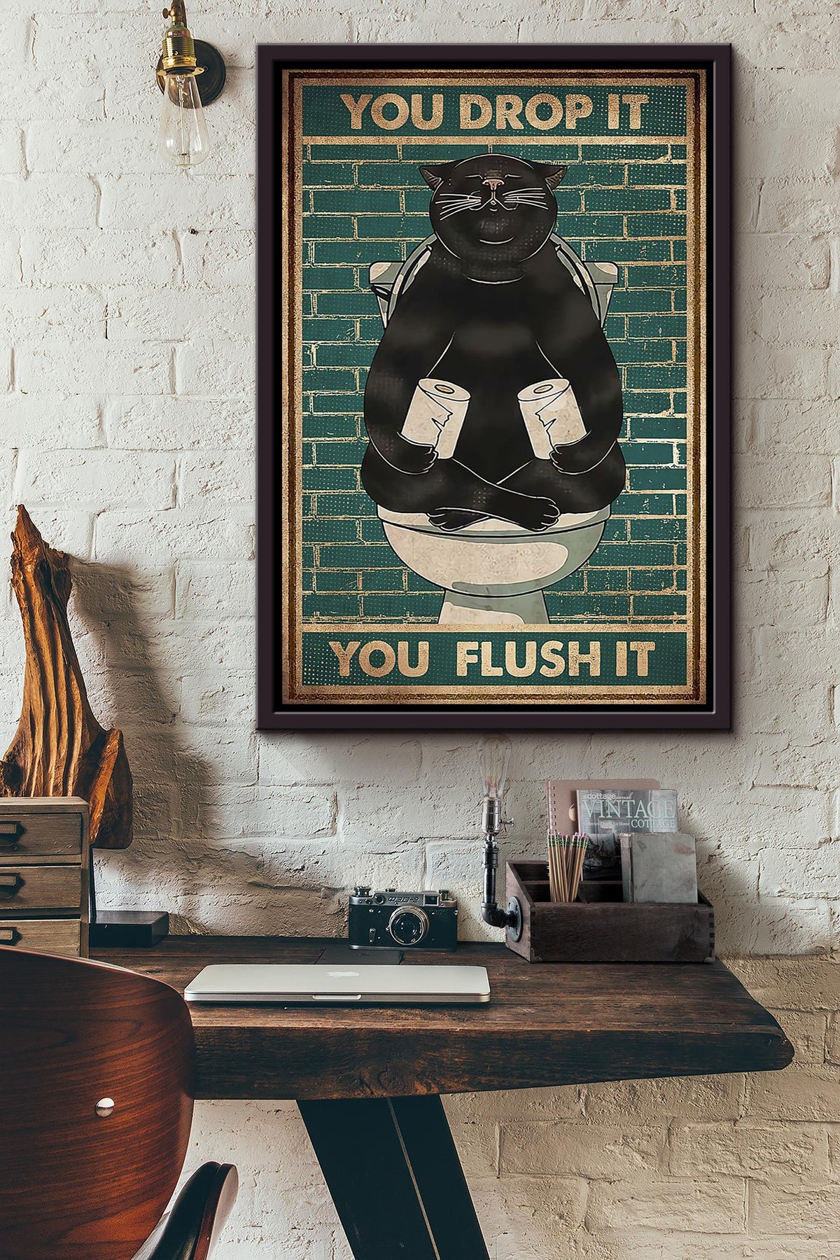 You Drop It You Flush It Poster Bathroom Decor Wall Art For Cat Lover Framed Canvas Framed Prints, Canvas