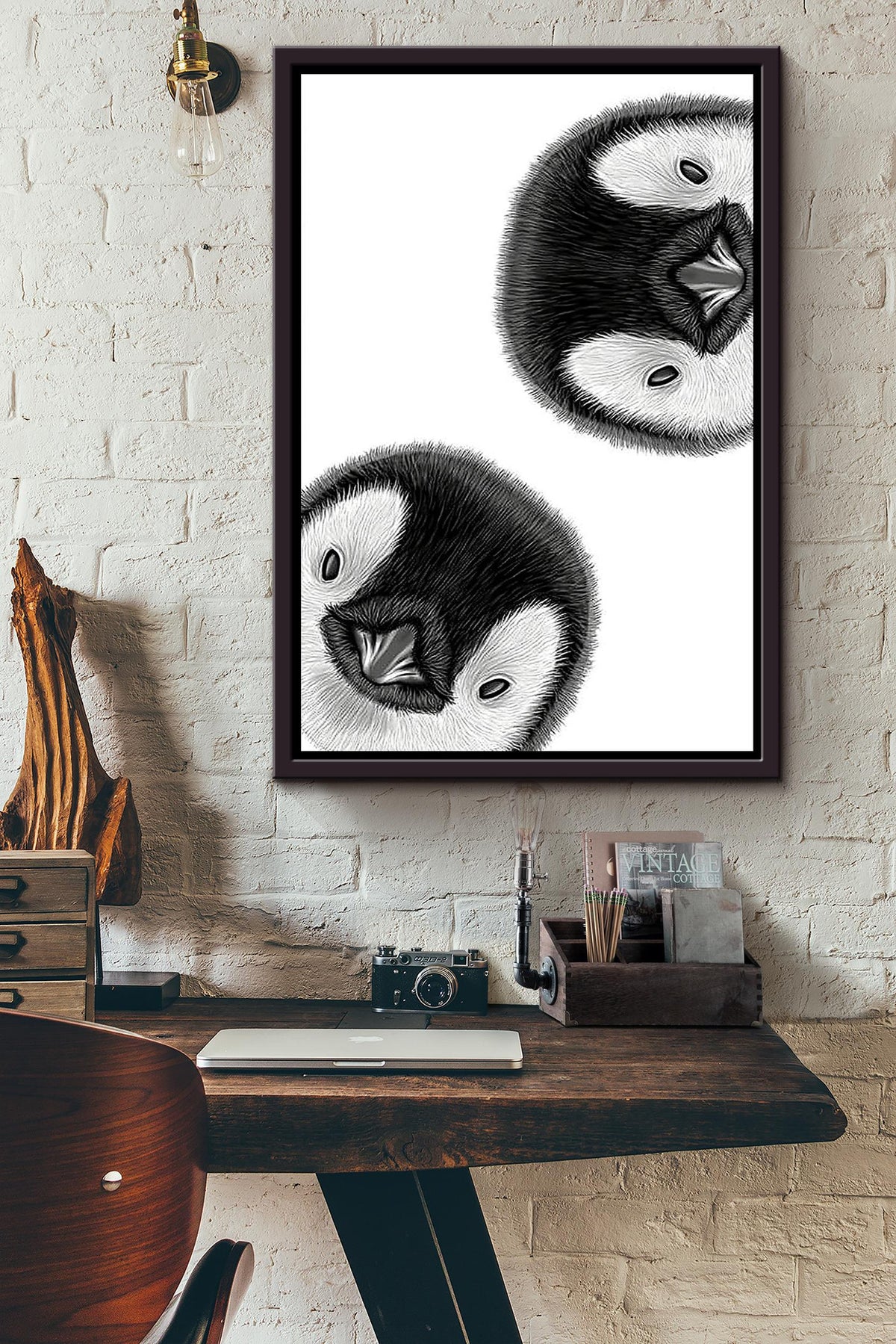 Two Cute Penguin Face Gift For Home Decor Housewarming Framed Canvas