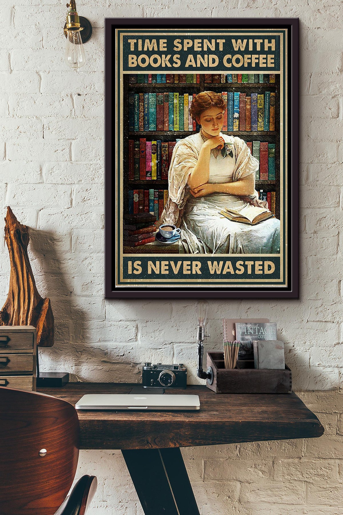 Time Spent With Books And Coffee Is Never Wasted Girl Reading Book Poster Framed Matte Canvas