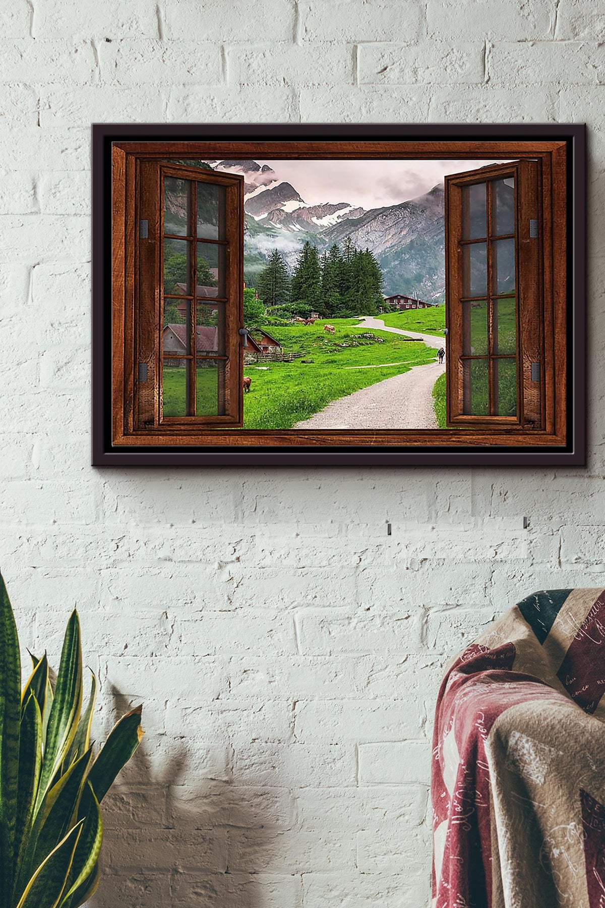 Village Under The Moutain Window View Poster n Framed Matte Canvas