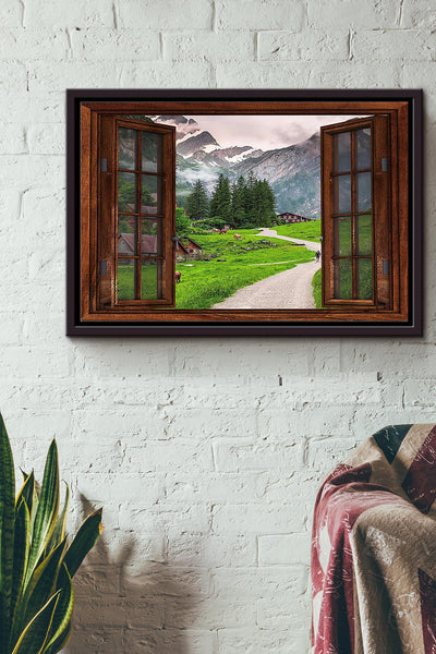 Village Under The Moutain Window View Poster n Framed Matte Canvas