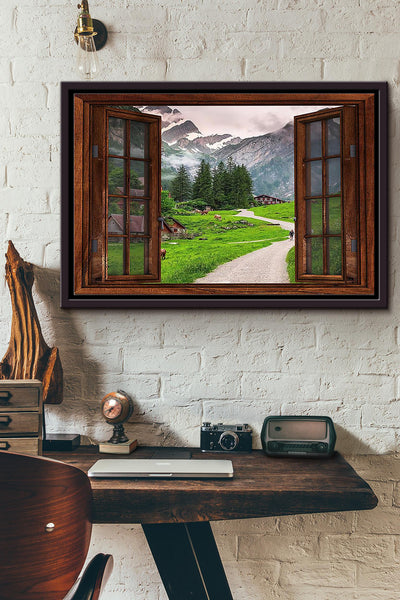 Village Under The Moutain Window View Poster n Framed Matte Canvas