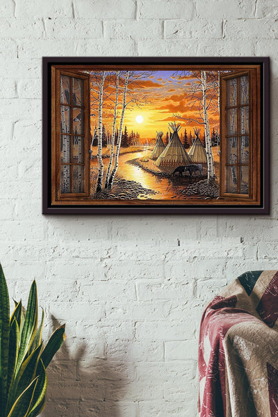 Native American Village Window View Poster n Framed Matte Canvas