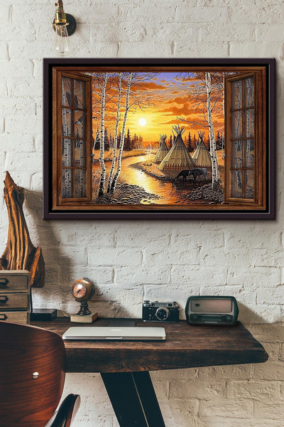 Native American Village Window View Poster n Framed Matte Canvas
