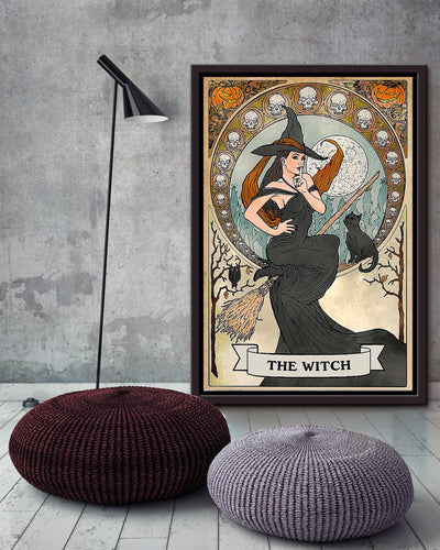 Witch On Bloom With Black Cat Wall Art Gift For Halloween Framed Matte Canvas Framed Prints, Canvas
