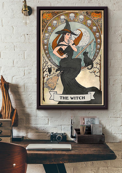 Witch On Bloom With Black Cat Wall Art Gift For Halloween Framed Matte Canvas Framed Prints, Canvas