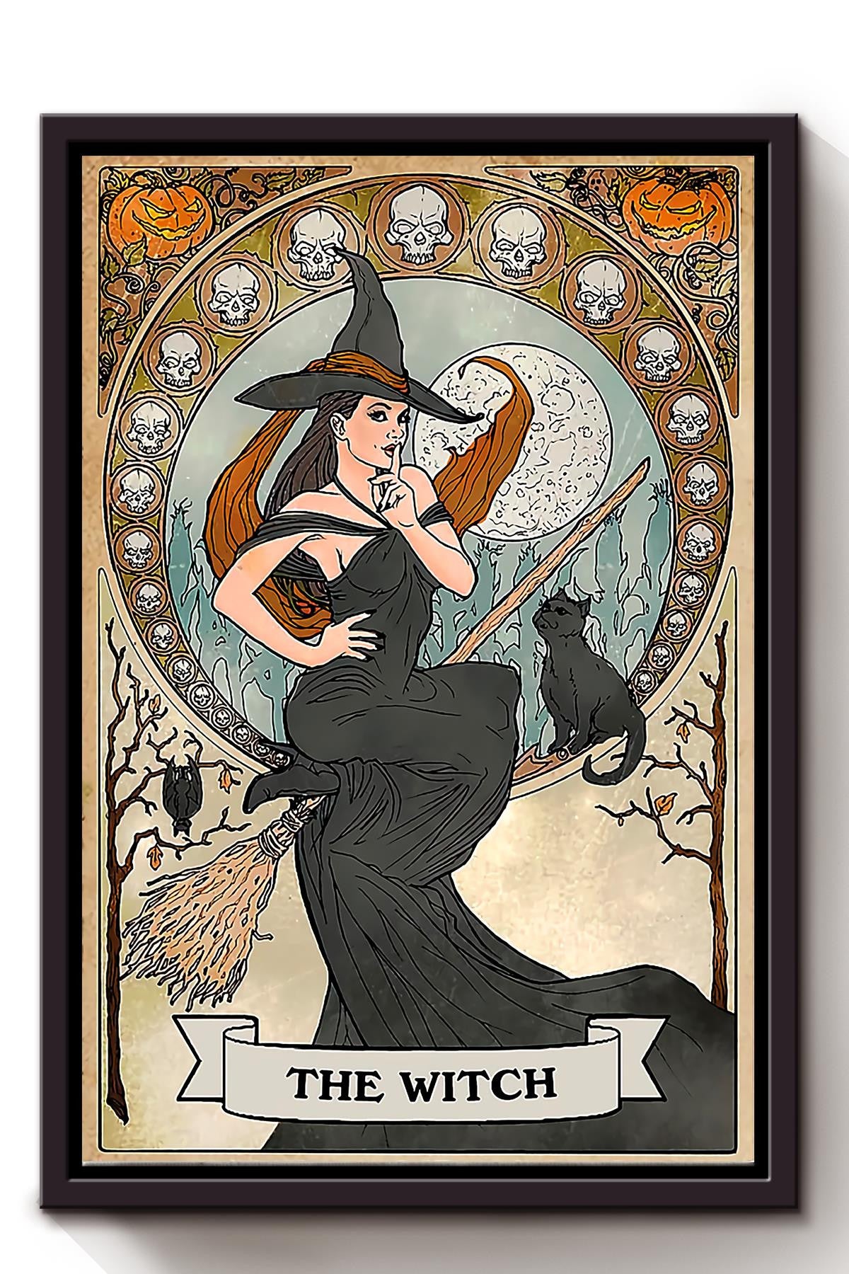 Witch On Bloom With Black Cat Wall Art Gift For Halloween Framed Matte Canvas Framed Prints, Canvas