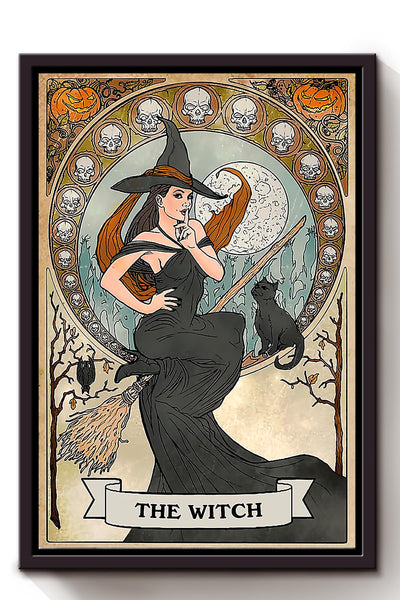 Witch On Bloom With Black Cat Wall Art Gift For Halloween Framed Matte Canvas Framed Prints, Canvas