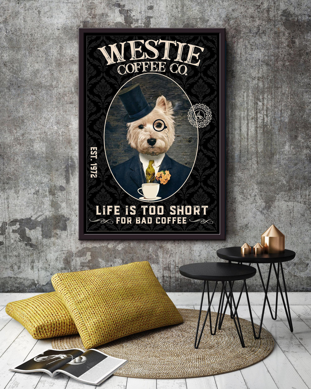 Westie Coffee Co. I Life Too Short For Bad Coffee Terrier Dog Gift For Dog Mom Coffee Shop Decor Framed Canvas