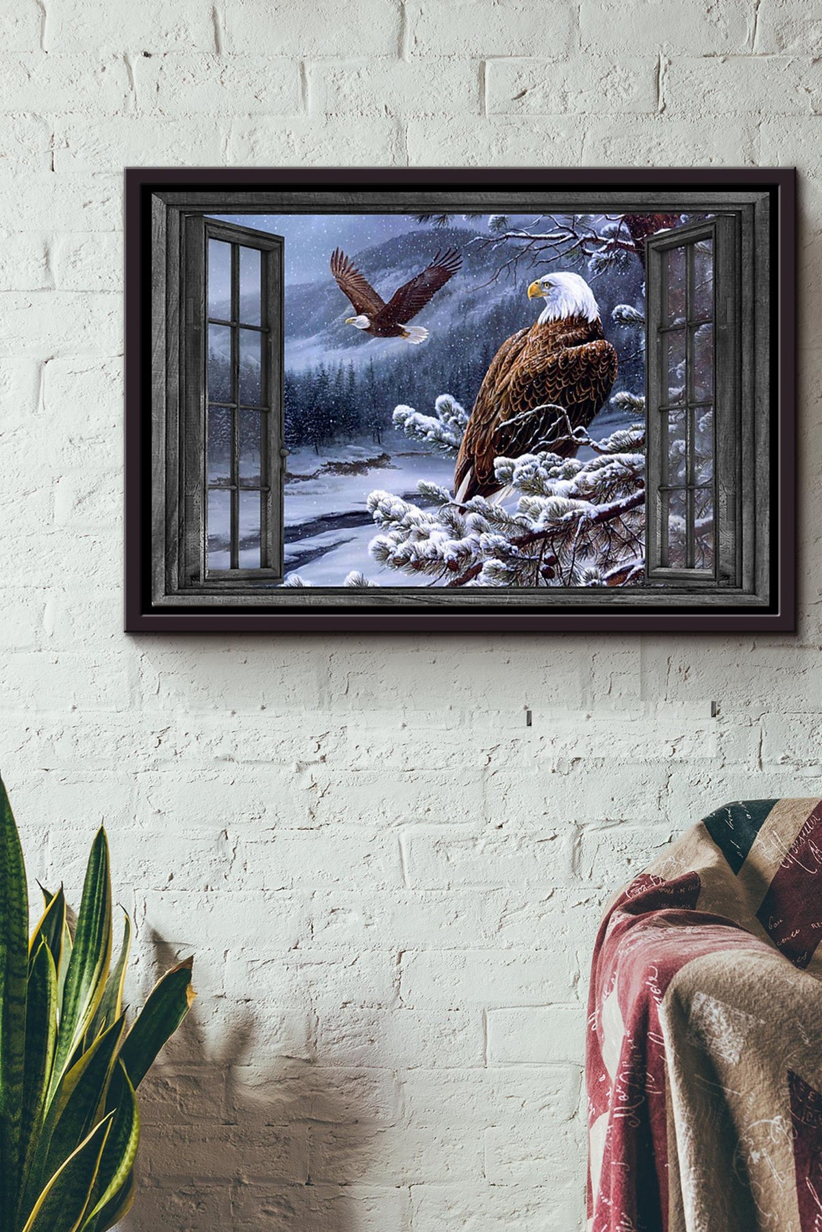 Window Flying Eagle In Winter Forest Poster n Framed Matte Canvas
