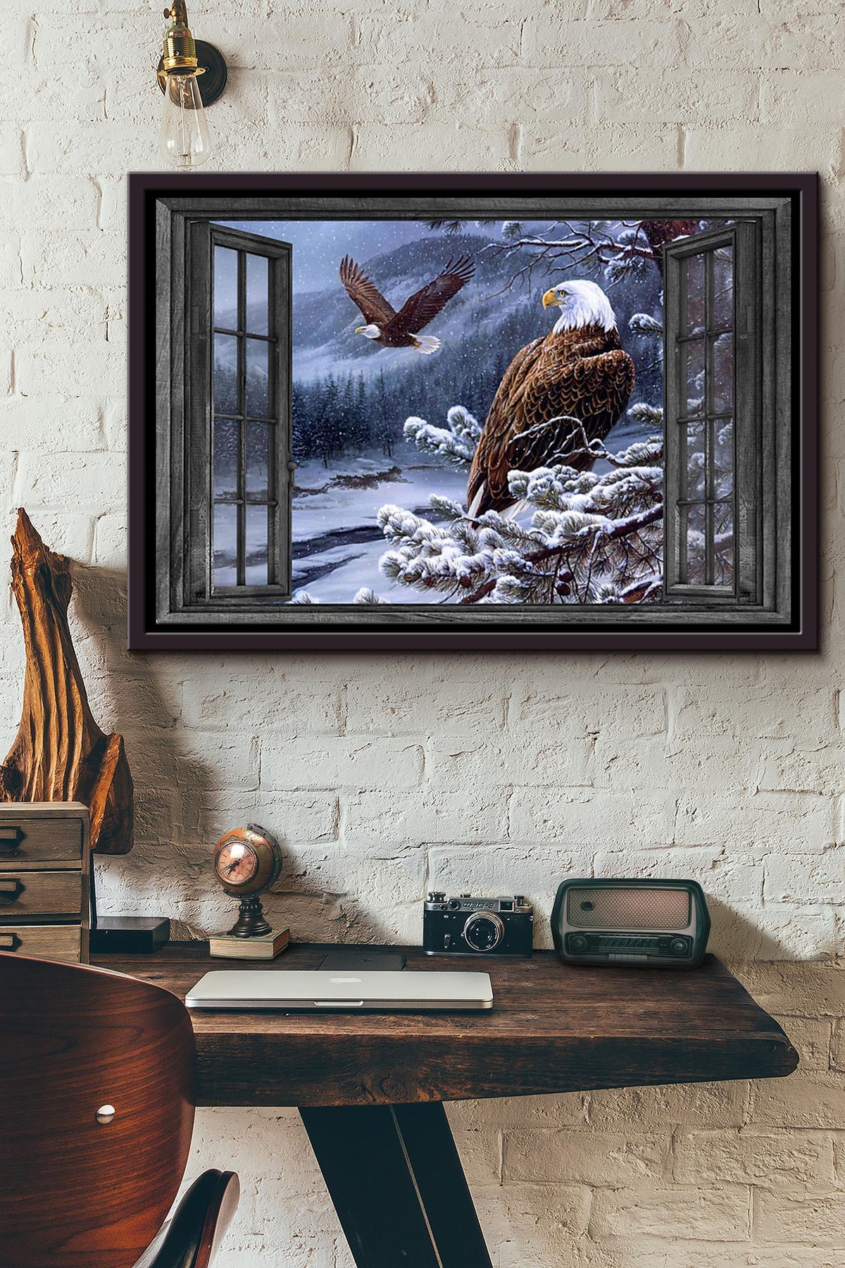 Window Flying Eagle In Winter Forest Poster n Framed Matte Canvas