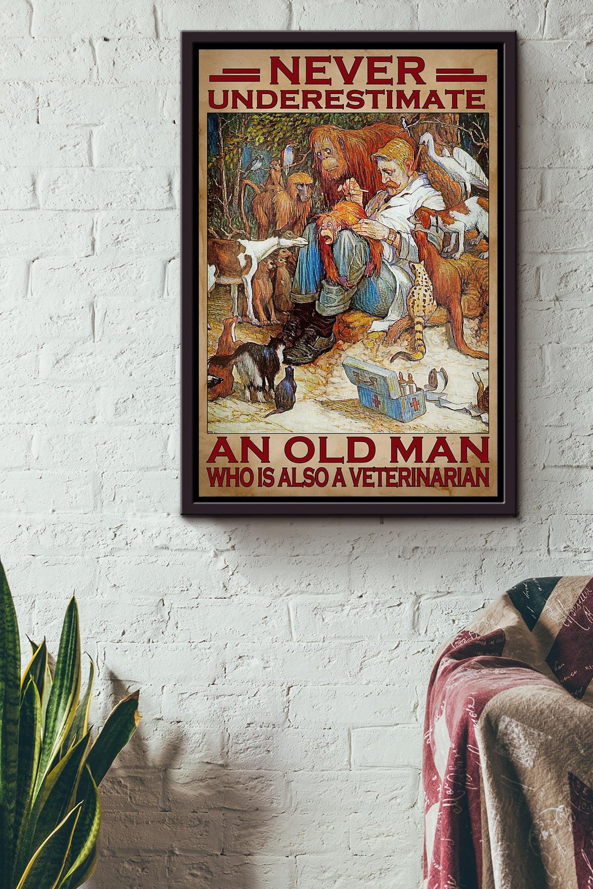 Never Underestimate Veterinarian Old Man Gift For Grandfather Veteran Framed Canvas
