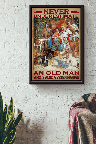 Never Underestimate Veterinarian Old Man Gift For Grandfather Veteran Framed Canvas