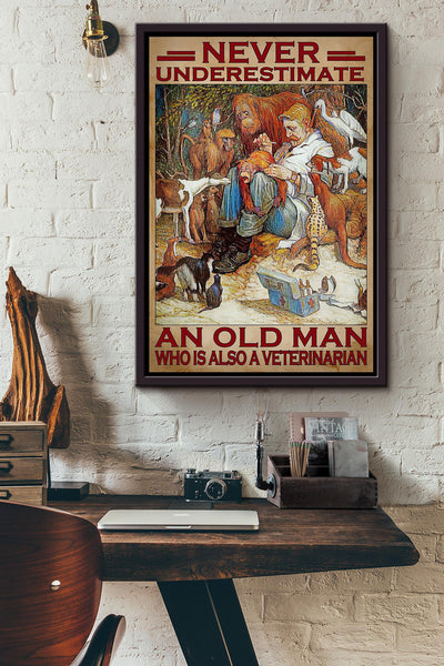 Never Underestimate Veterinarian Old Man Gift For Grandfather Veteran Framed Canvas