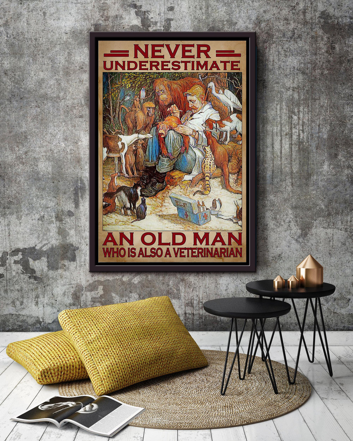Never Underestimate Veterinarian Old Man Gift For Grandfather Veteran Framed Canvas