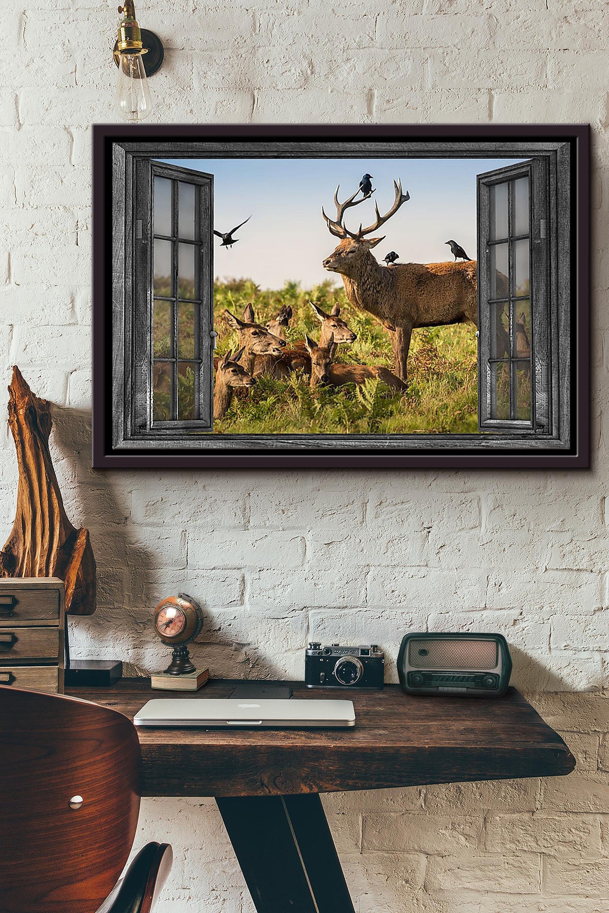 Wildlife Deer And Birds Poster n Framed Matte Canvas