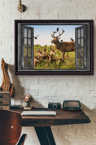 Wildlife Deer And Birds Poster n Framed Matte Canvas