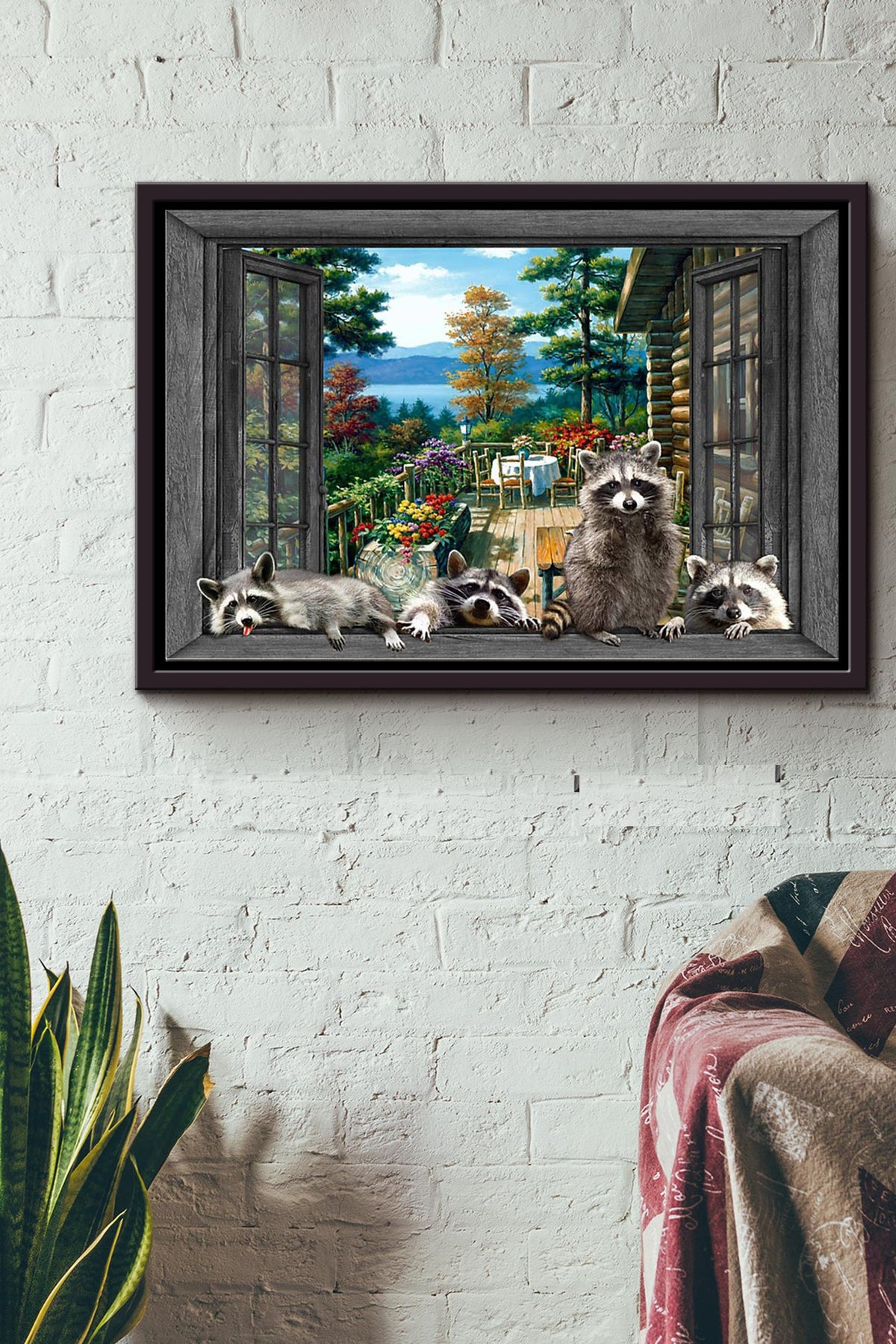 Window View Raccoons In The Forest Poster n Framed Matte Canvas