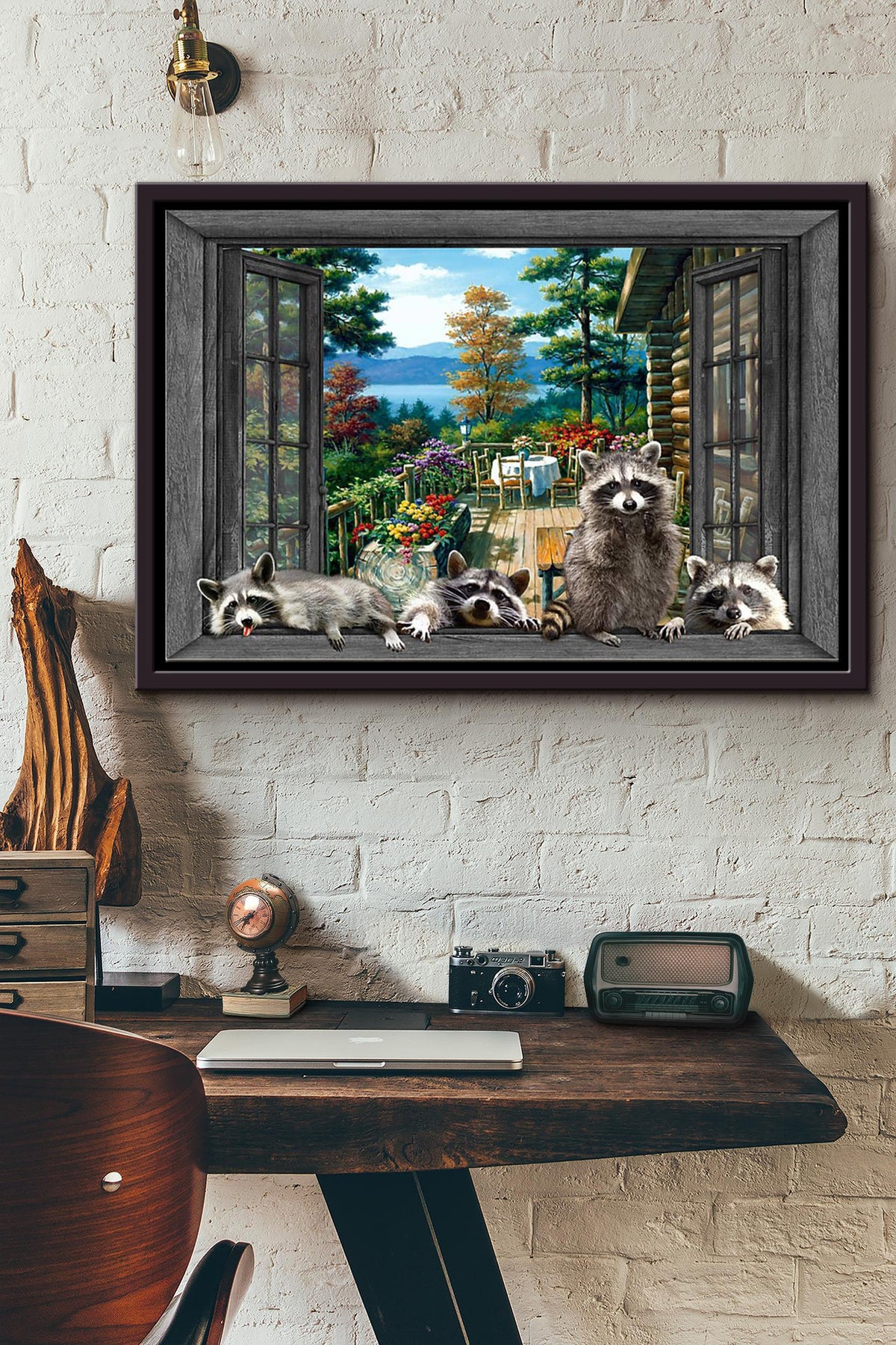 Window View Raccoons In The Forest Poster n Framed Matte Canvas