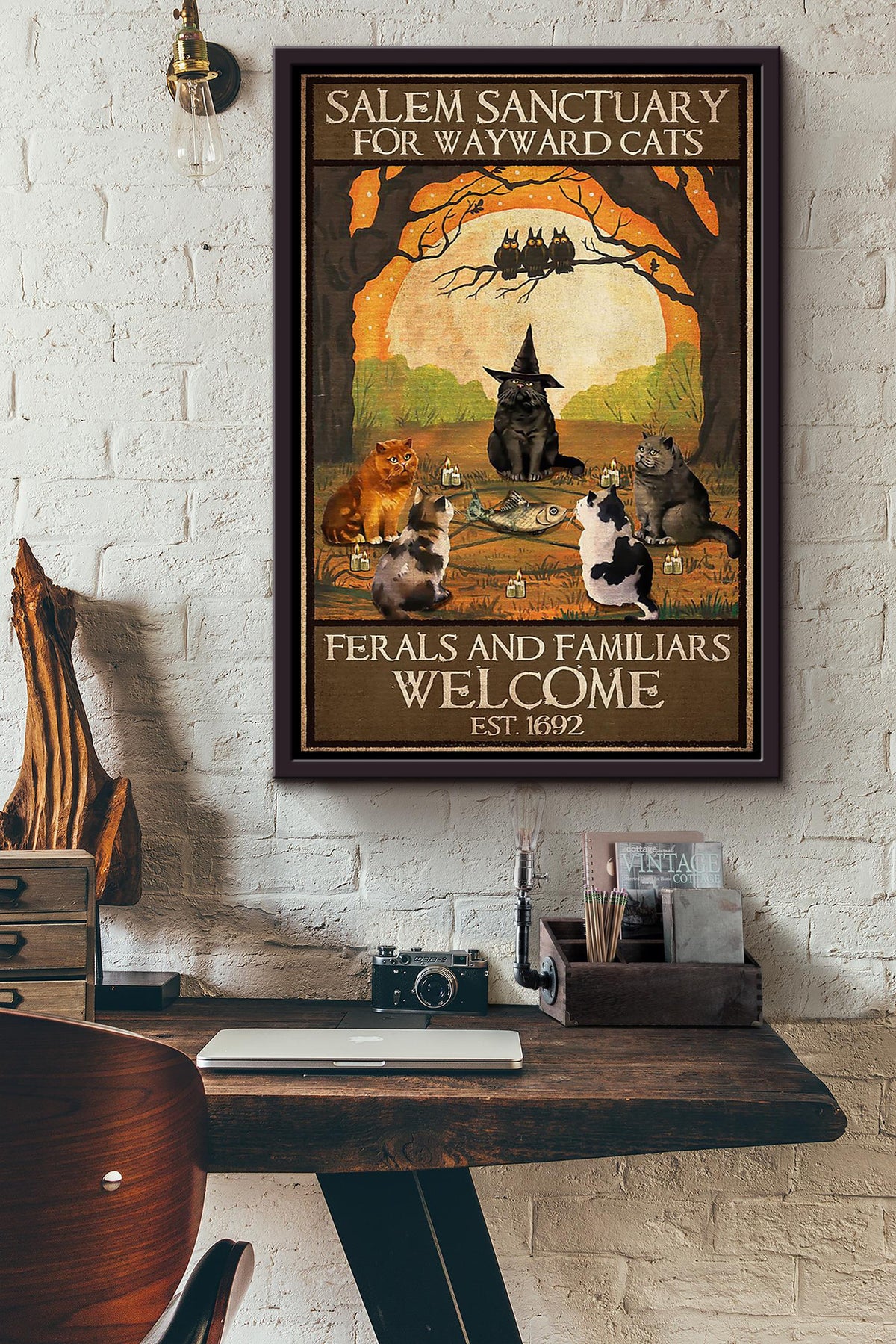 Salem Sanctualy For Wayward Cats Animal Wall Art Gift For Cat Lover International Cat Day Halloween Decor Framed Canvas Framed Prints, Canvas