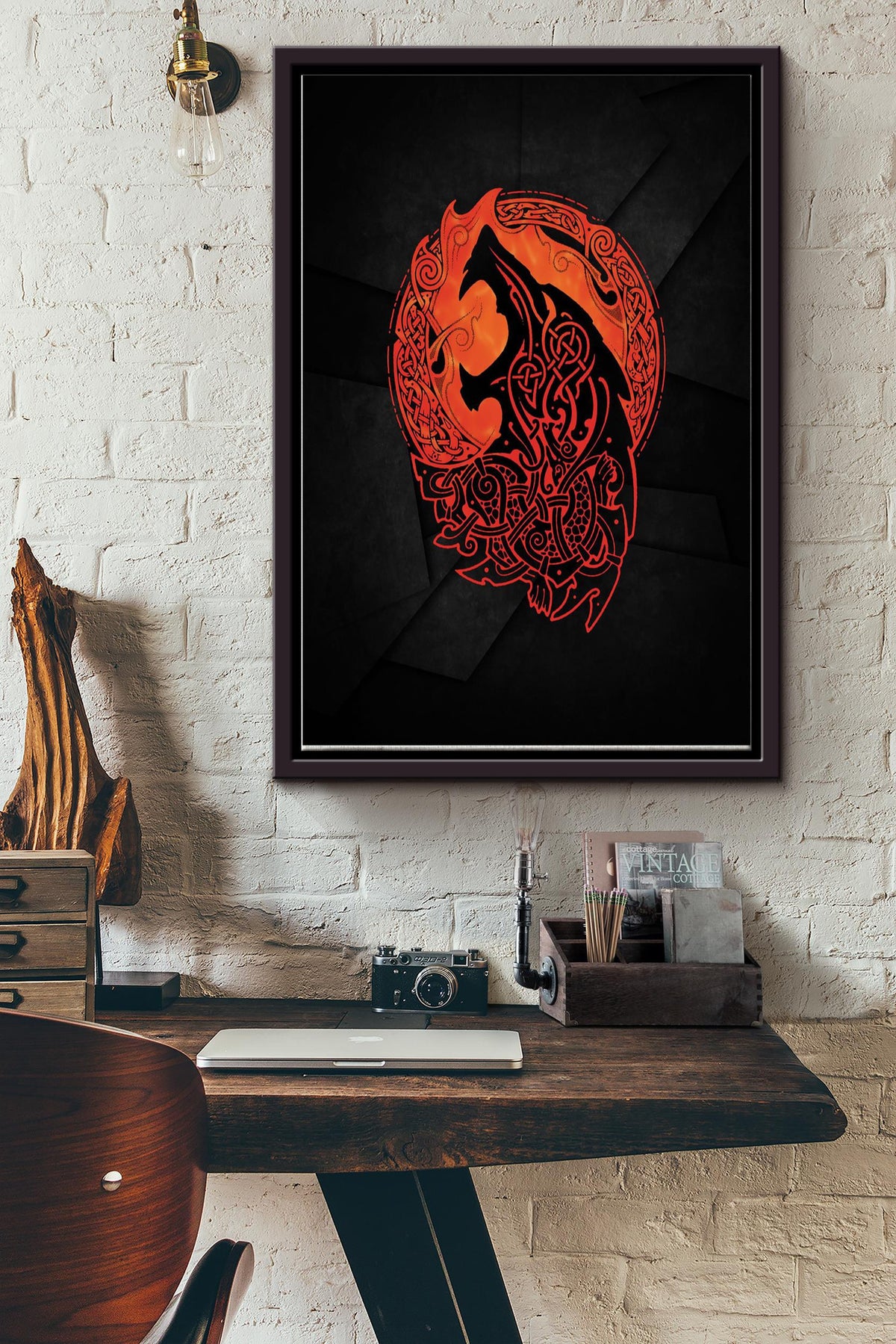 Wolf Pattern On Lava Poster Framed Matte Canvas