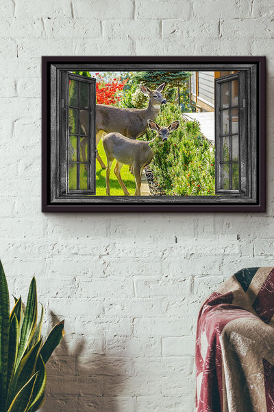 Wildlife Deer In The Garden Poster n Framed Matte Canvas