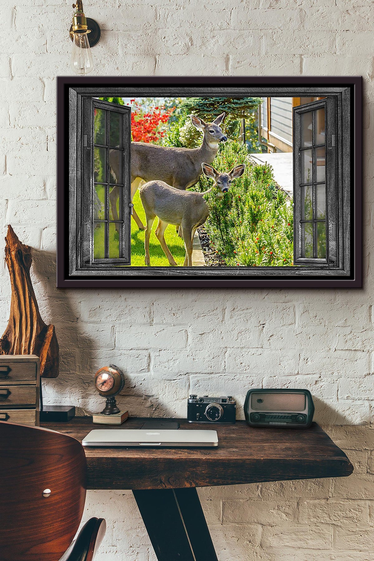 Wildlife Deer In The Garden Poster n Framed Matte Canvas