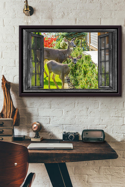 Wildlife Deer In The Garden Poster n Framed Matte Canvas