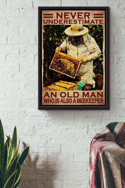 Never Underestimate Beekeeper Old Man Gift For Farmer Bumble Bee Lover Grandfather Framed Canvas
