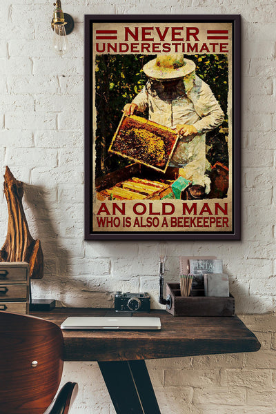 Never Underestimate Beekeeper Old Man Gift For Farmer Bumble Bee Lover Grandfather Framed Canvas