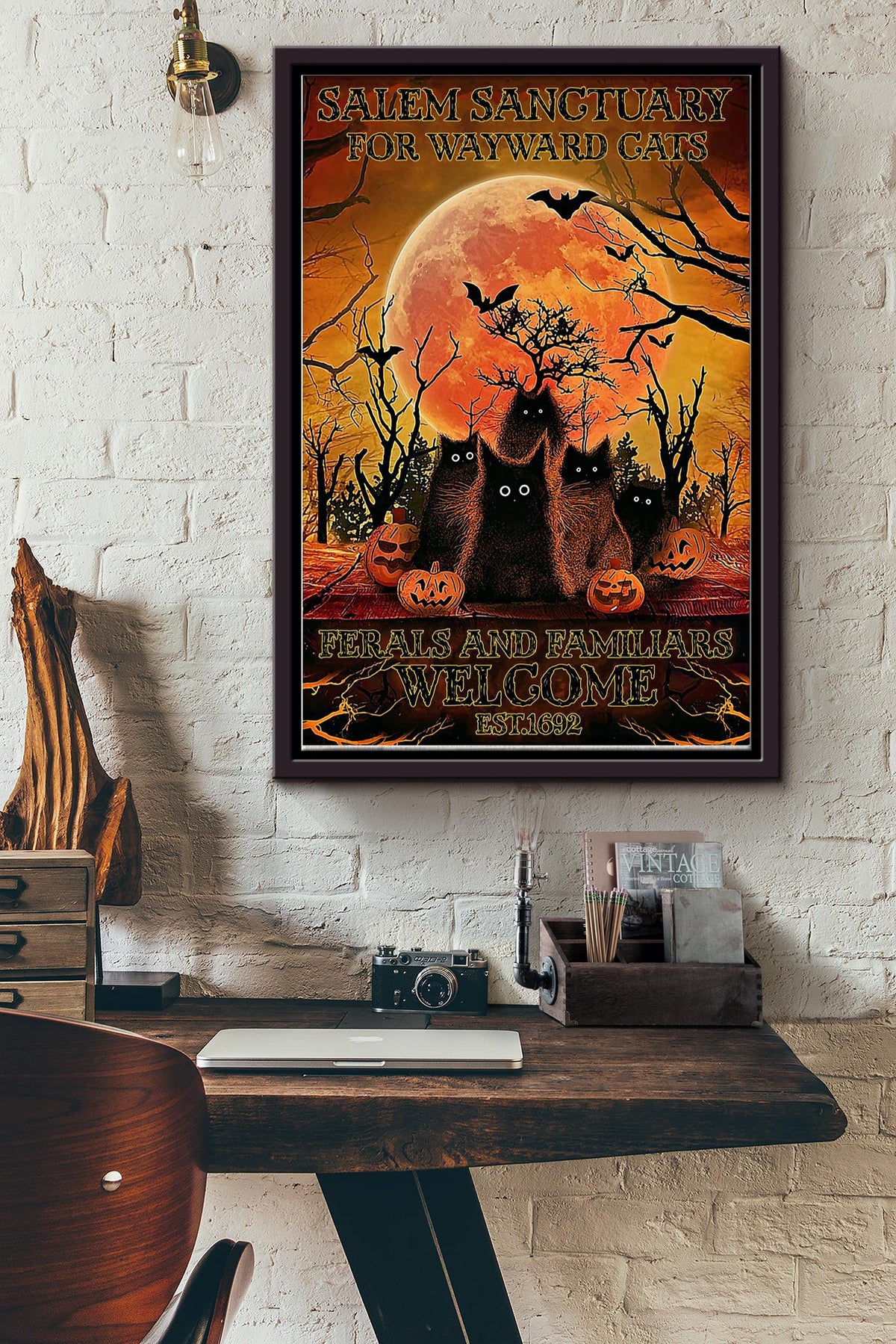 Salem Sanctuary For Wayward Cats Vintage Poster - Halloween Wall Art - Gift For Kids Halloween Black Cat Lover Adorable Moon Lover Framed Matte Canvas Framed Prints, Canvas
