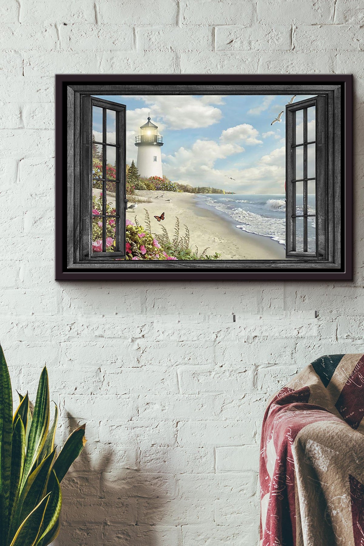 Window View Lighthouse In The Morning Poster n Framed Matte Canvas