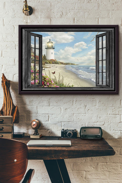 Window View Lighthouse In The Morning Poster n Framed Matte Canvas