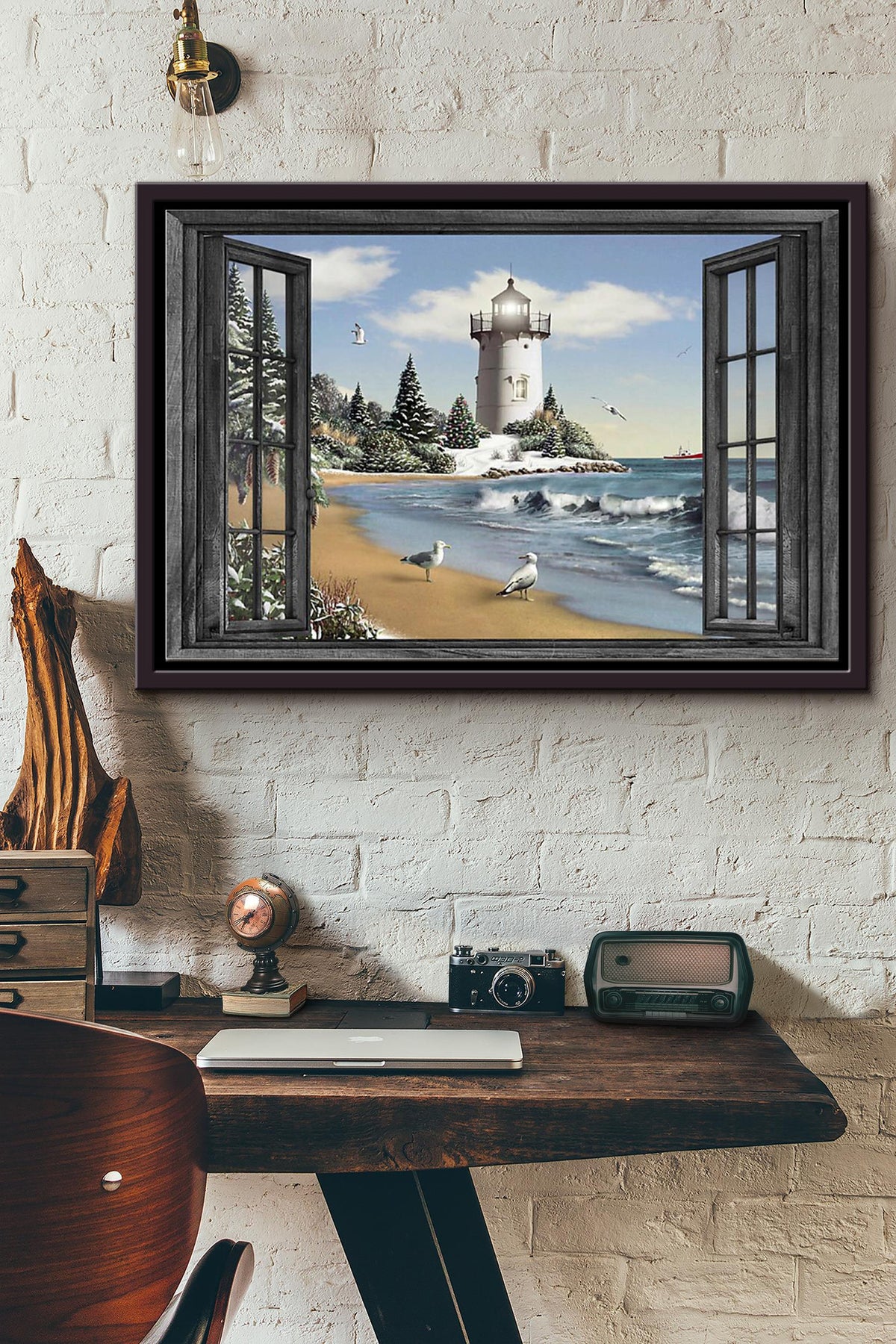 Window View Lighthouse In The Winter Poster n Framed Matte Canvas