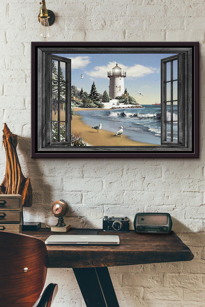 Window View Lighthouse In The Winter Poster n Framed Matte Canvas