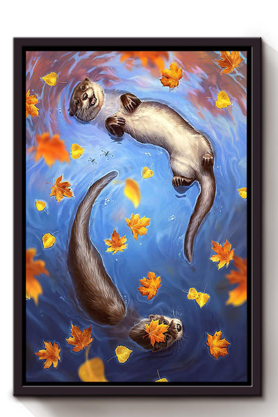 Otter Couple Swimming In Autumn Cute Gift For Husband And Wife In Wedding Anniversary Framed Canvas